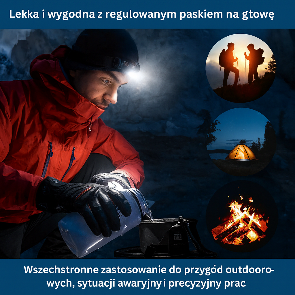 Latarka czołowa LED z regulacją zoomu i paskiem – idealna do prac nocnych i aktywności outdoorowych