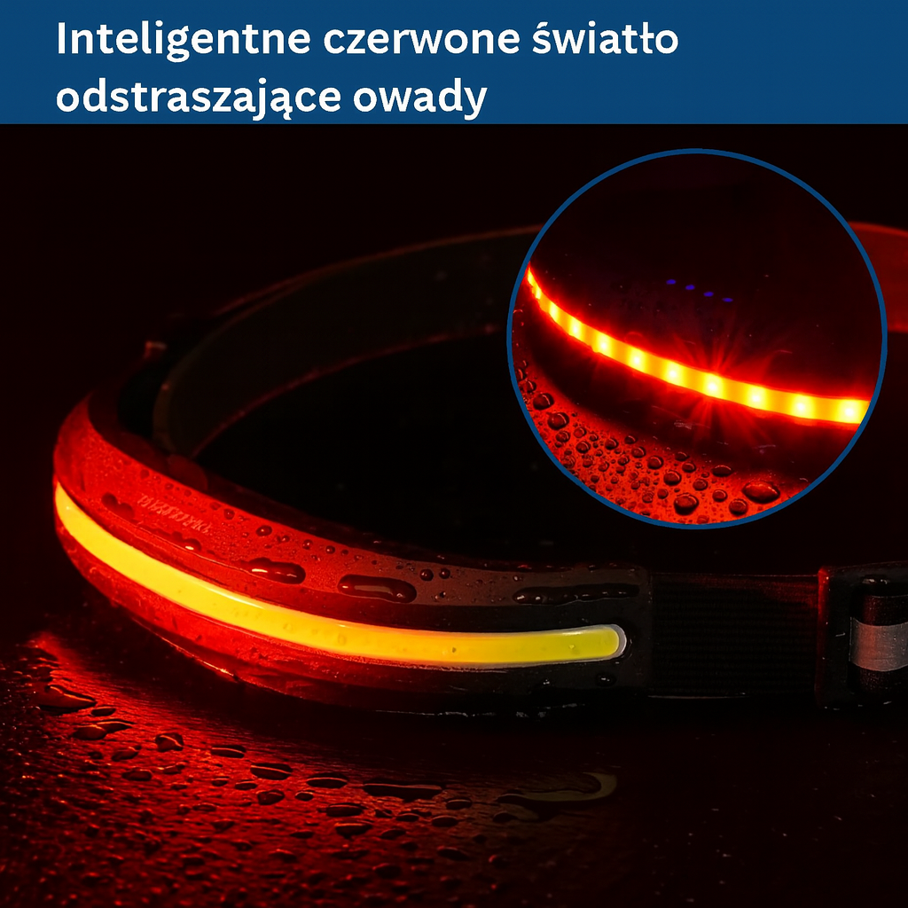 Opaska czołowa LED COB – wodoodporna, ładowanie USB-C, z czerwonym światłem odstraszającym owady