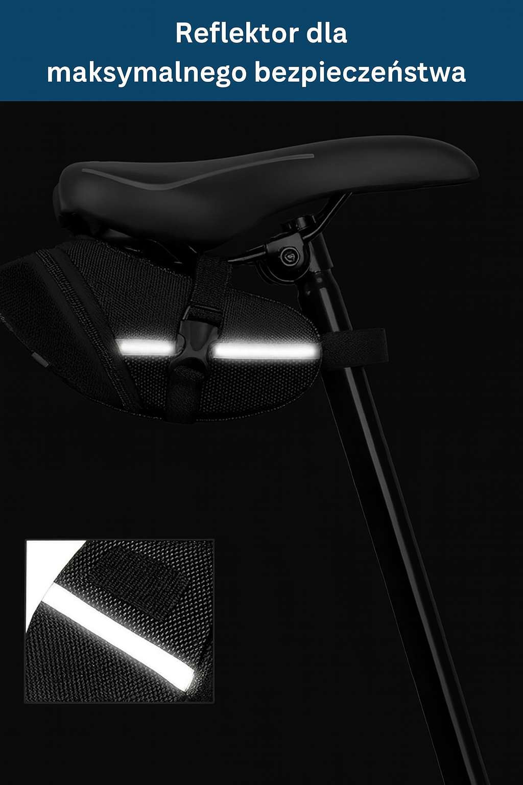 Torba rowerowa podsiodłowa z odblaskiem – montaż na rzep, wodoodporna sakwa na akcesoria i narzędzia