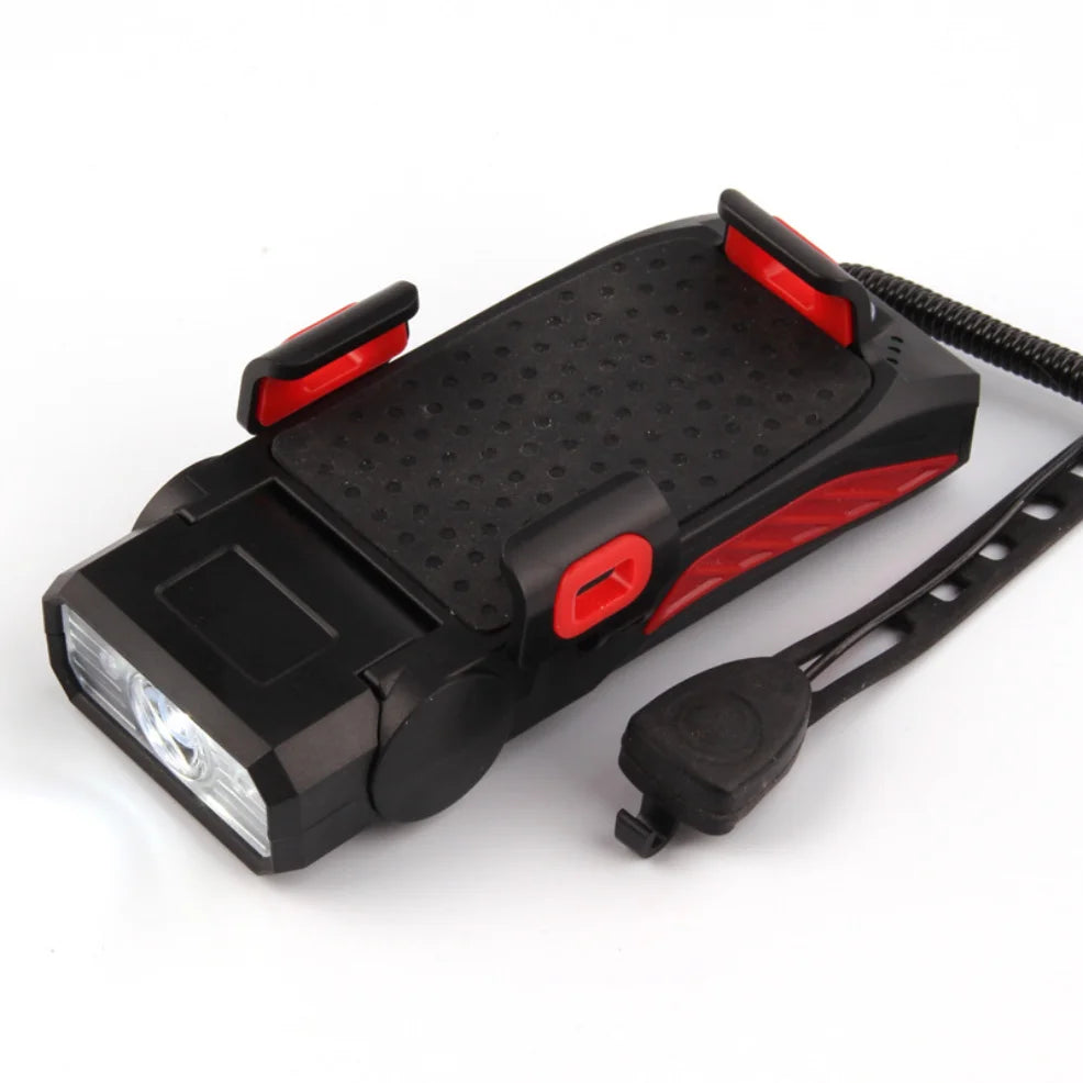Wielofunkcyjny uchwyt rowerowy 4w1 z latarką, powerbankiem i klaksonem – do telefonu, USB, 120 dB