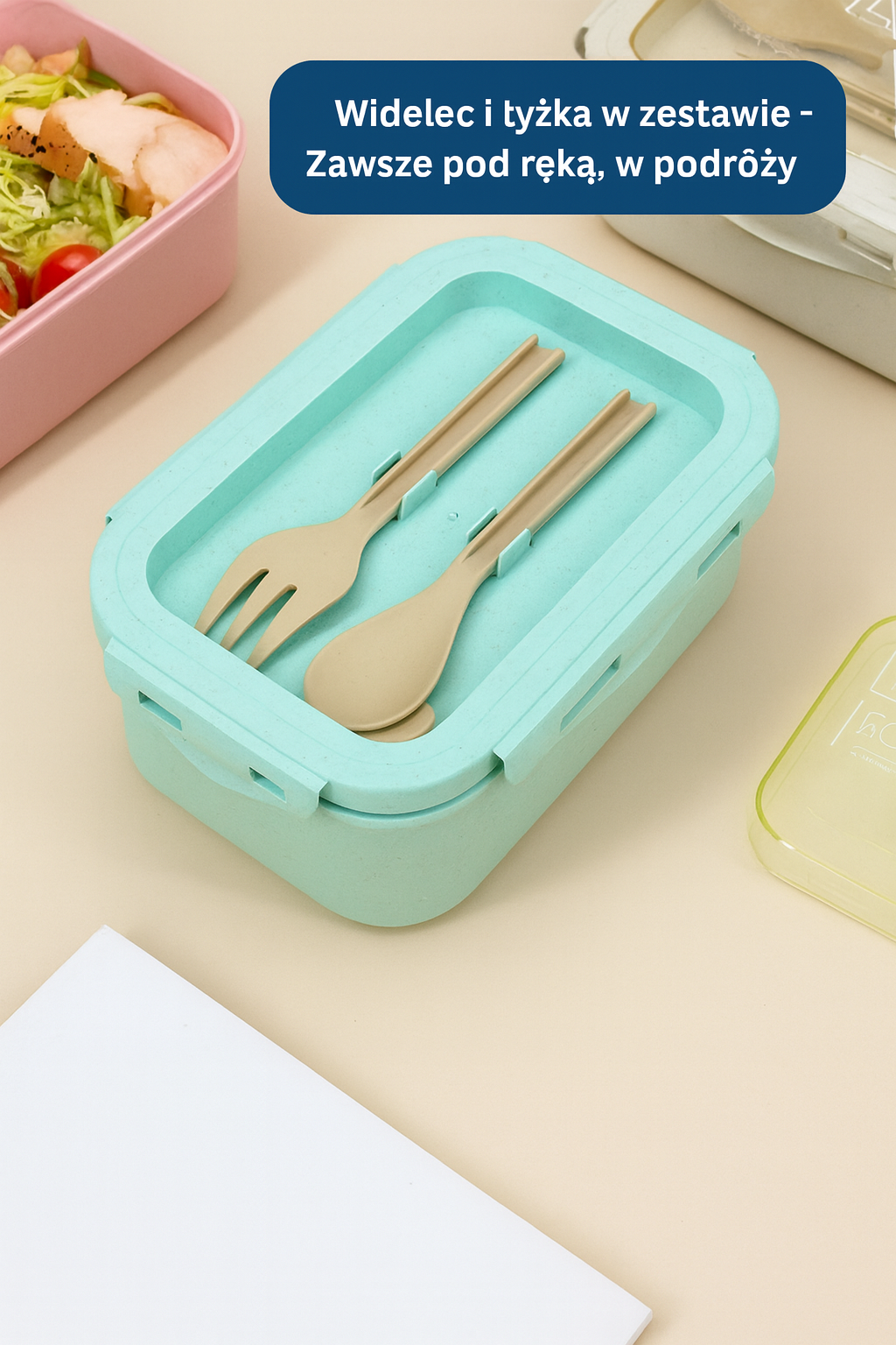 Lunchbox 850 ml z kompletem sztućców – pojemnik śniadaniowy z pokrywką i uszczelką