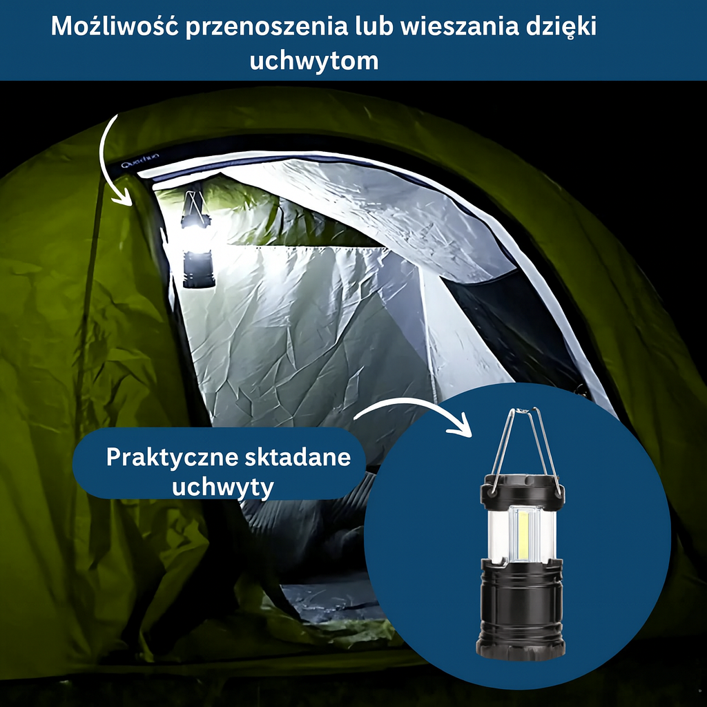 Lampa turystyczna LED COB składana – kompaktowa latarnia na camping i awaryjne oświetlenie