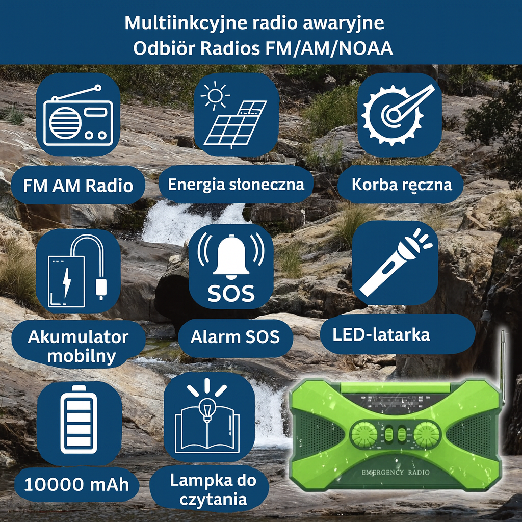 Radio awaryjne FM/AM/NOAA z latarką LED, alarmem SOS, korbką i panelem solarnym – 10000mAh powerbank