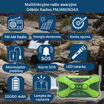 Radio awaryjne FM/AM/NOAA z latarką LED, alarmem SOS, korbką i panelem solarnym – 10000mAh powerbank