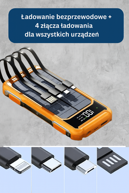 Powerbank solarny z latarką, wbudowanymi kablami i wyświetlaczem LED