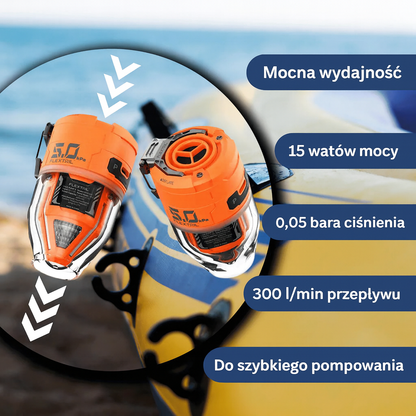 Kompresor elektryczny – przenośna pompka z zestawem końcówek do materacy, pontonów i opon