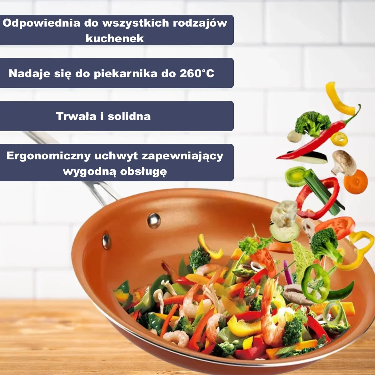 Patelnia z powłoką miedzianą nieprzywierającą – do indukcji i piekarnika, 3 rozmiary