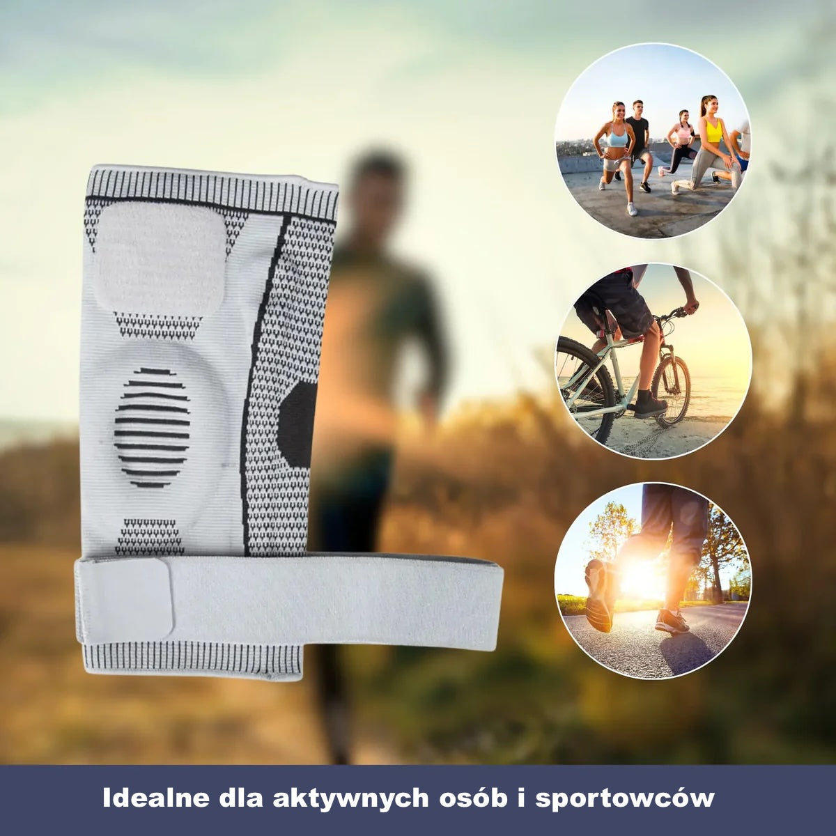 Opaska sportowa na kolano – elastyczna, z silikonową wkładką i paskami regulacji