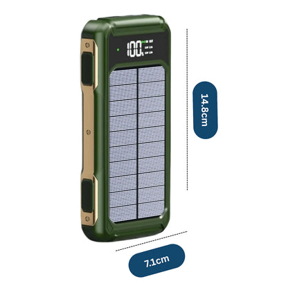 Powerbank solarny z latarką, wbudowanymi kablami i wyświetlaczem LED