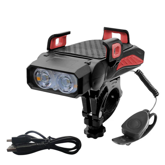 Wielofunkcyjny uchwyt rowerowy 4w1 z latarką, powerbankiem i klaksonem – do telefonu, USB, 120 dB