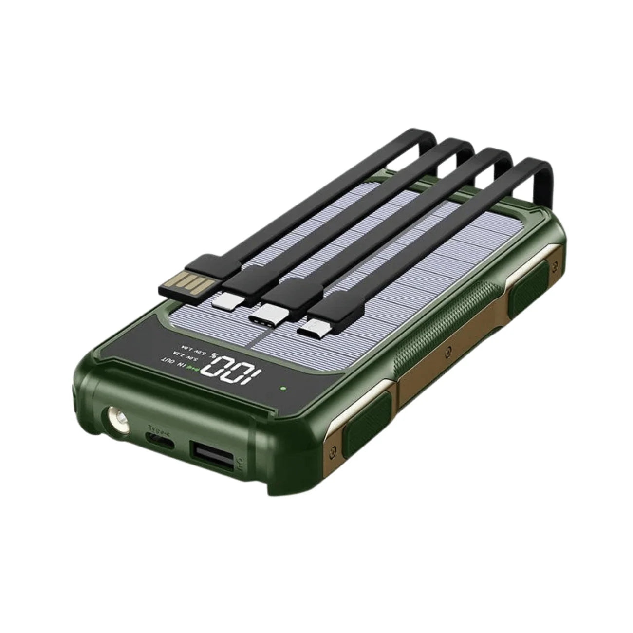 Powerbank solarny z latarką, wbudowanymi kablami i wyświetlaczem LED