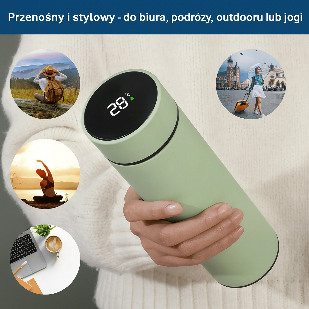 Termiczna butelka z wyświetlaczem LCD – stal nierdzewna, 500 ml, utrzymuje temperaturę do 24h