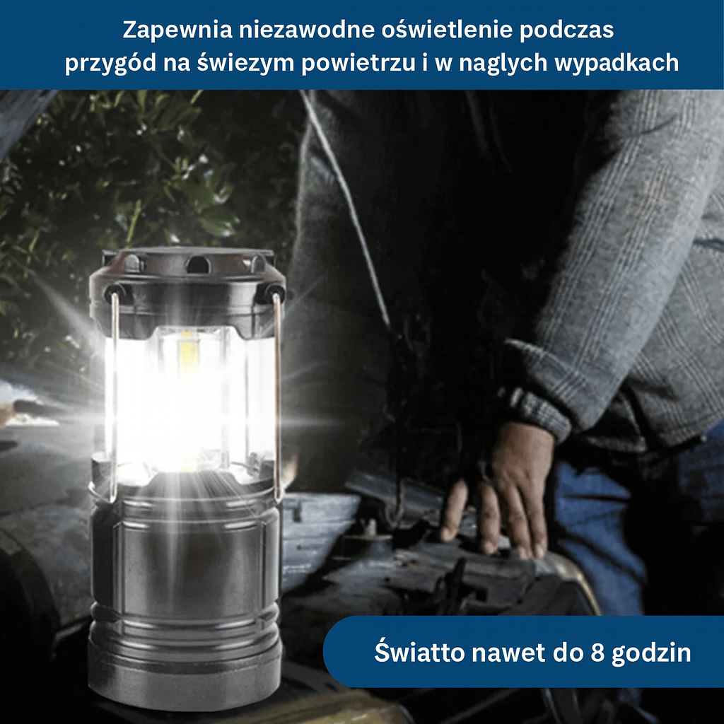 Lampa turystyczna LED COB składana – kompaktowa latarnia na camping i awaryjne oświetlenie