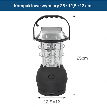 Lampa turystyczna LED z korbką i ładowaniem solarnym – 36 diod, powerbank, USB