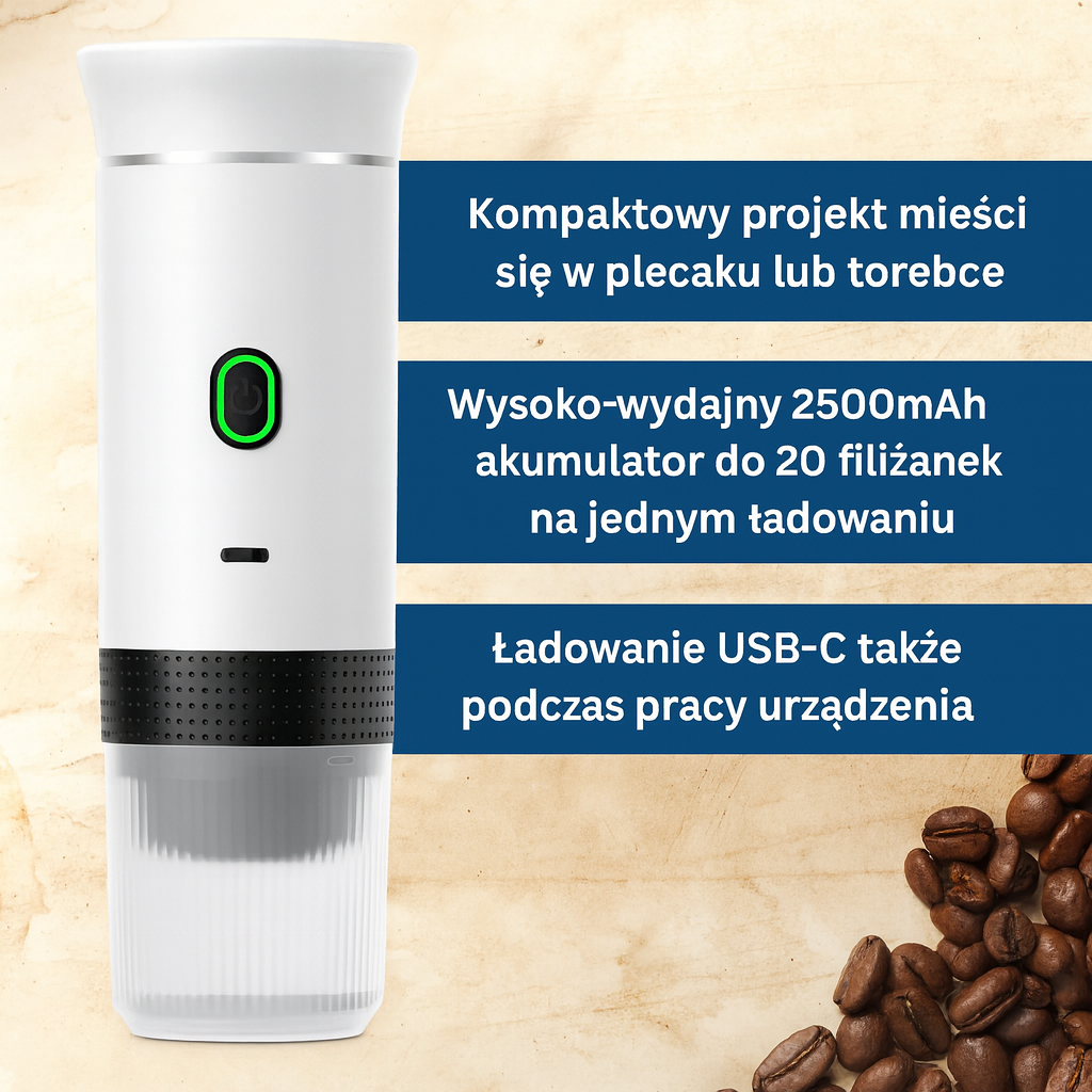 Przenośny ekspres do kawy na kapsułki i mieloną – bezprzewodowy, USB-C, idealny w podróży