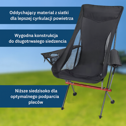 Składane krzesło turystyczne z wysokim oparciem – ultralekkie, aluminiowe, z poduszką i podłokietnikami