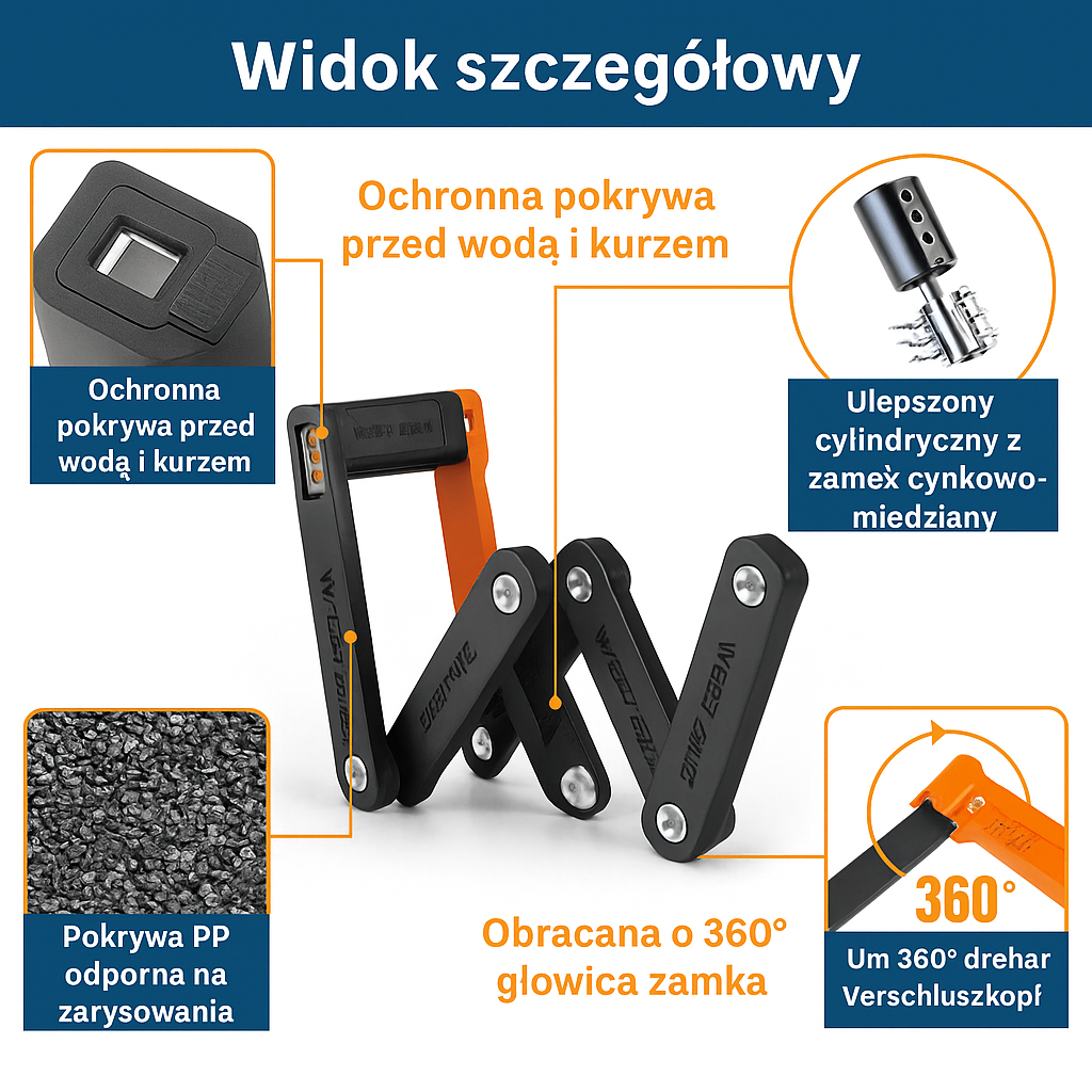 Zapięcie rowerowe składane  – kompaktowe, antykradzieżowe, z hartowanej stali