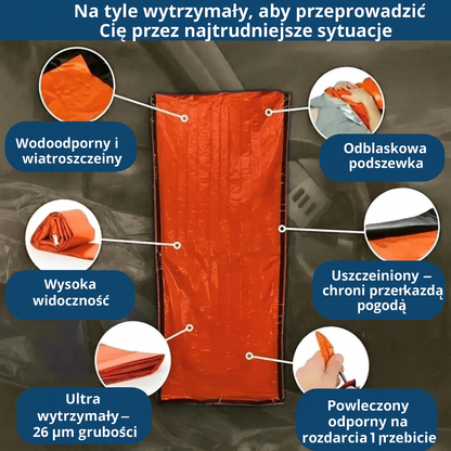 Śpiwór awaryjny termoizolacyjny, wodoodporny i wiatroszczelny z pokrowcem