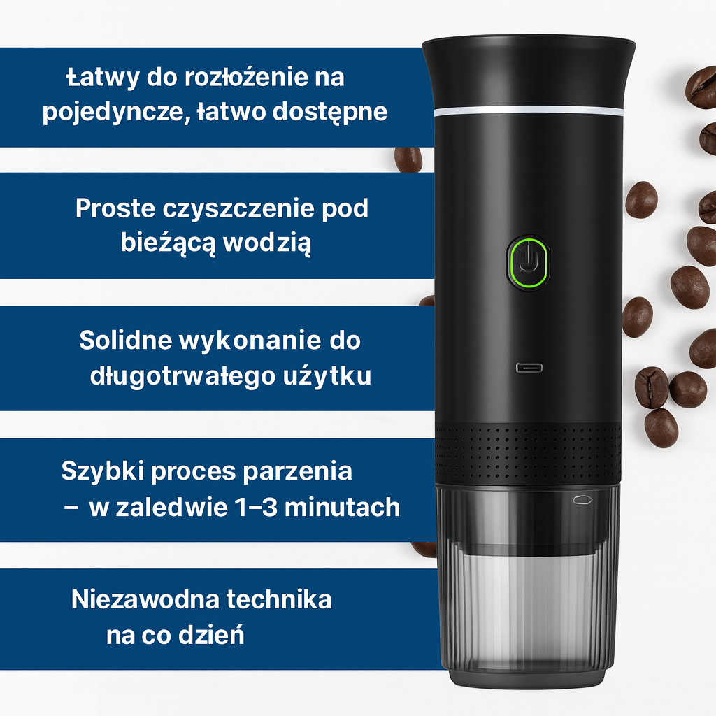 Przenośny ekspres do kawy na kapsułki i mieloną – bezprzewodowy, USB-C, idealny w podróży
