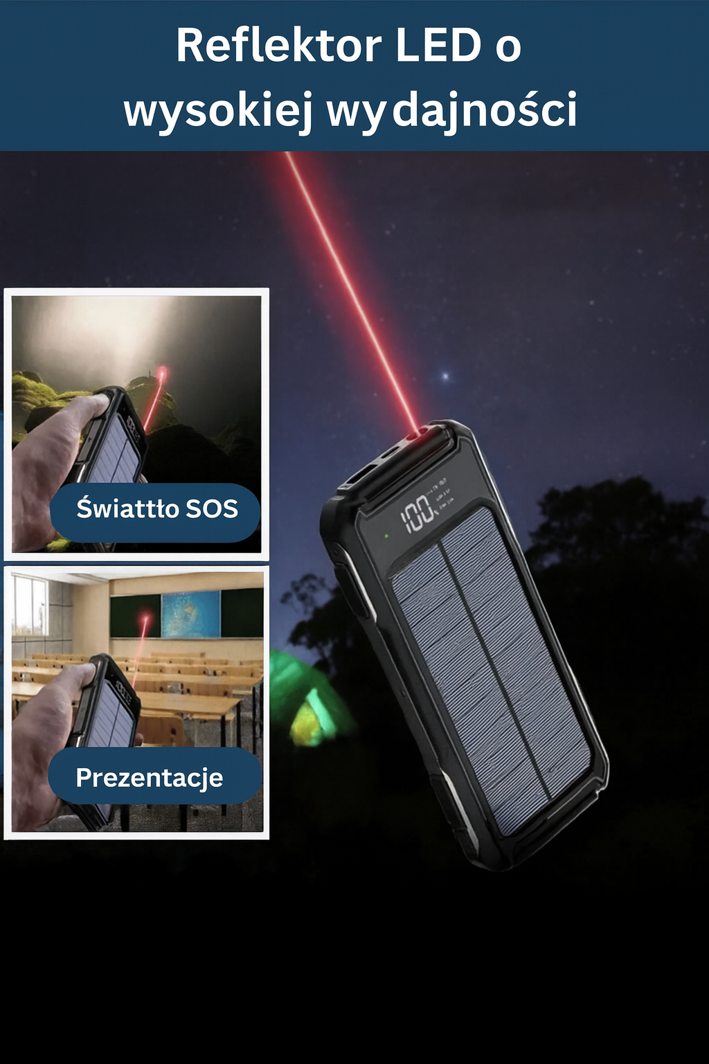 Powerbank solarny z latarką, wbudowanymi kablami i wyświetlaczem LED