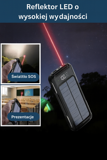Powerbank solarny z latarką, wbudowanymi kablami i wyświetlaczem LED