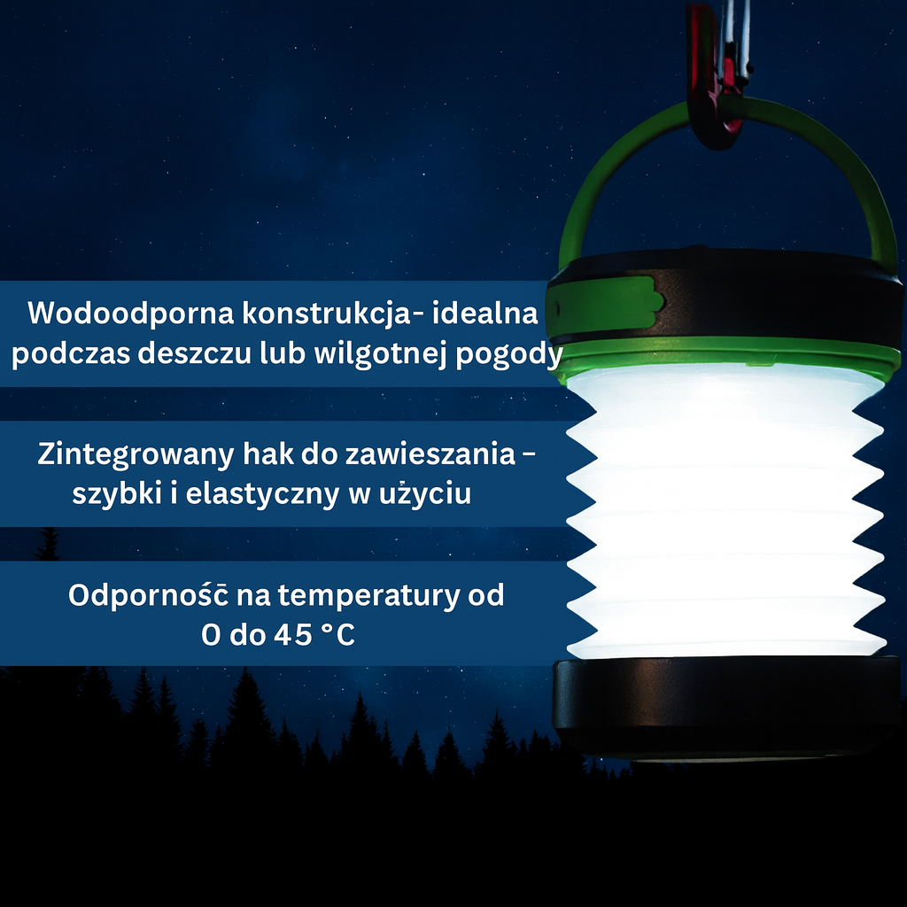 Składana lampka LED z funkcją powerbanku – kempingowa latarnia USB z karabińczykiem