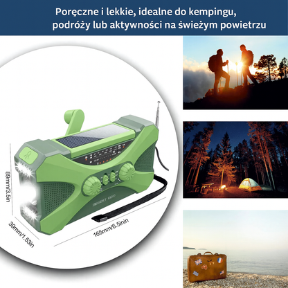 Radio awaryjne FM/AM/NOAA z latarką LED, alarmem SOS, korbką i panelem solarnym – 10000mAh powerbank