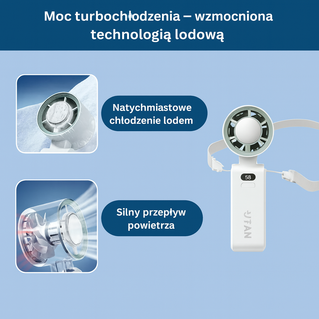 Wentylator przenośny na szyję z wyświetlaczem LED – bezłopatkowy mini wiatrak USB do pracy, podróży i upałów