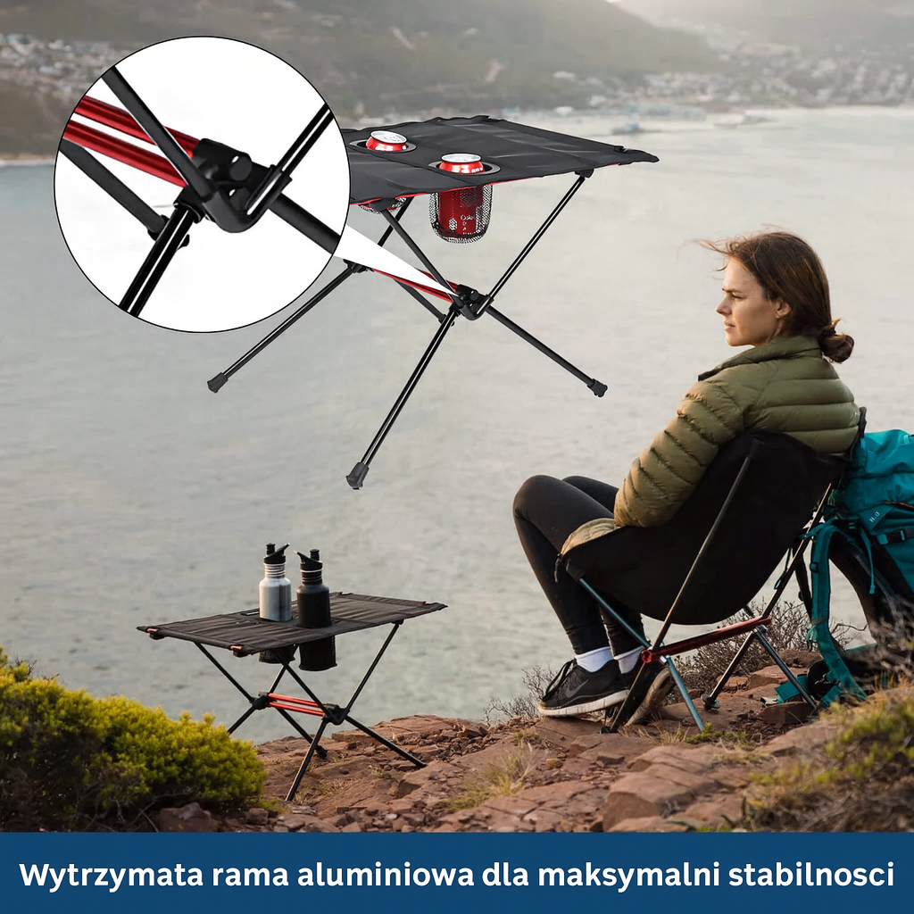 Składany stolik turystyczny ultralekki 60x40 cm – kompaktowy stół kempingowy z uchwytami na napoje
