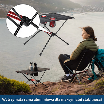 Składany stolik turystyczny ultralekki 60x40 cm – kompaktowy stół kempingowy z uchwytami na napoje
