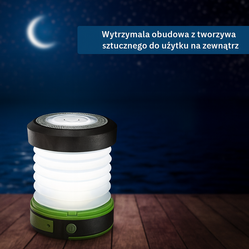Składana lampka LED z funkcją powerbanku – kempingowa latarnia USB z karabińczykiem