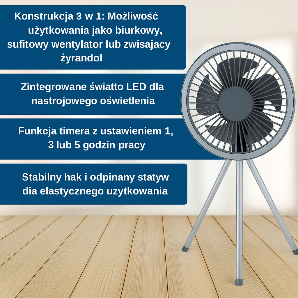 Wentylator z akumulatorem i funkcją powerbanku – regulowany kąt nawiewu, nowoczesny design