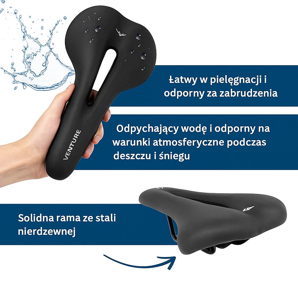 Siodełko rowerowe VENTURE – wodoodporne, ergonomiczne, z otworem wentylacyjnym i stalową ramą
