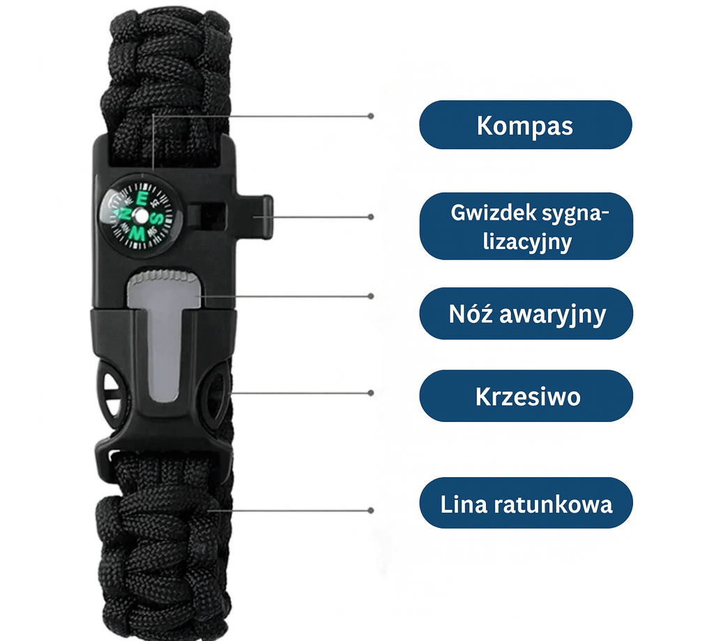 Bransoletka survivalowa z paracordu – kompas, gwizdek, krzesiwo, linka 3,5 m