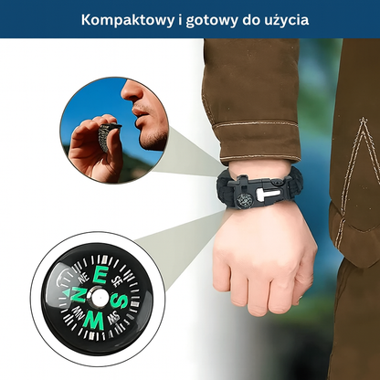 Bransoletka survivalowa z paracordu – kompas, gwizdek, krzesiwo, linka 3,5 m