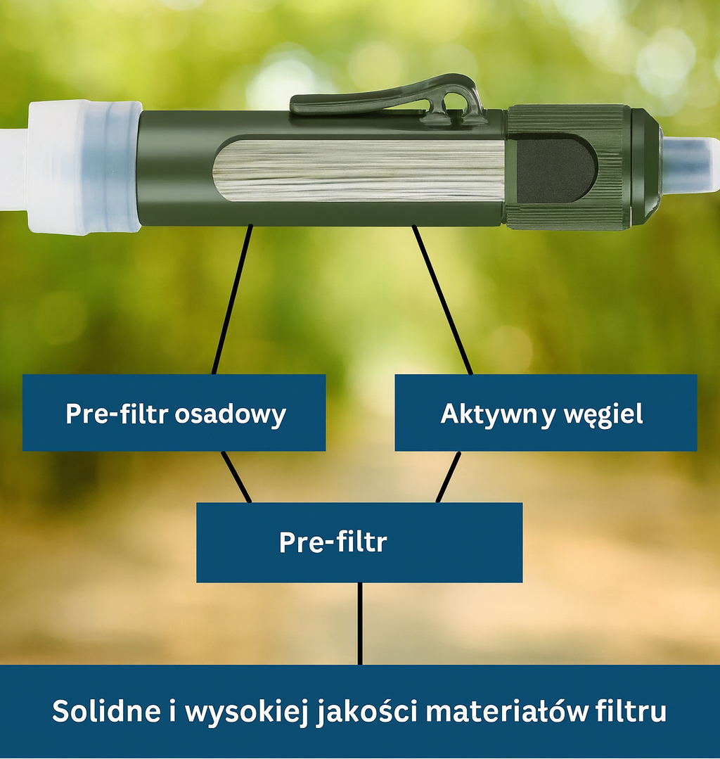 Filtr do wody turystyczny – z aktywnym węglem, zestaw z wężem i workiem