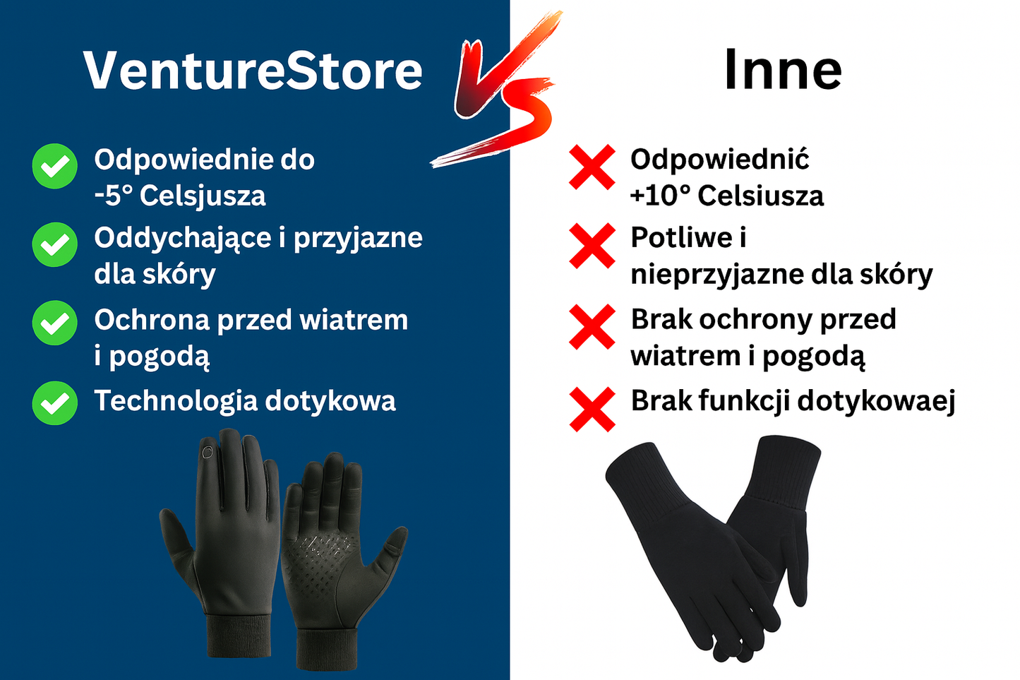 Rękawiczki zimowe Venture z funkcją dotykową, antypoślizgowe, wiatro- i wodoodporne