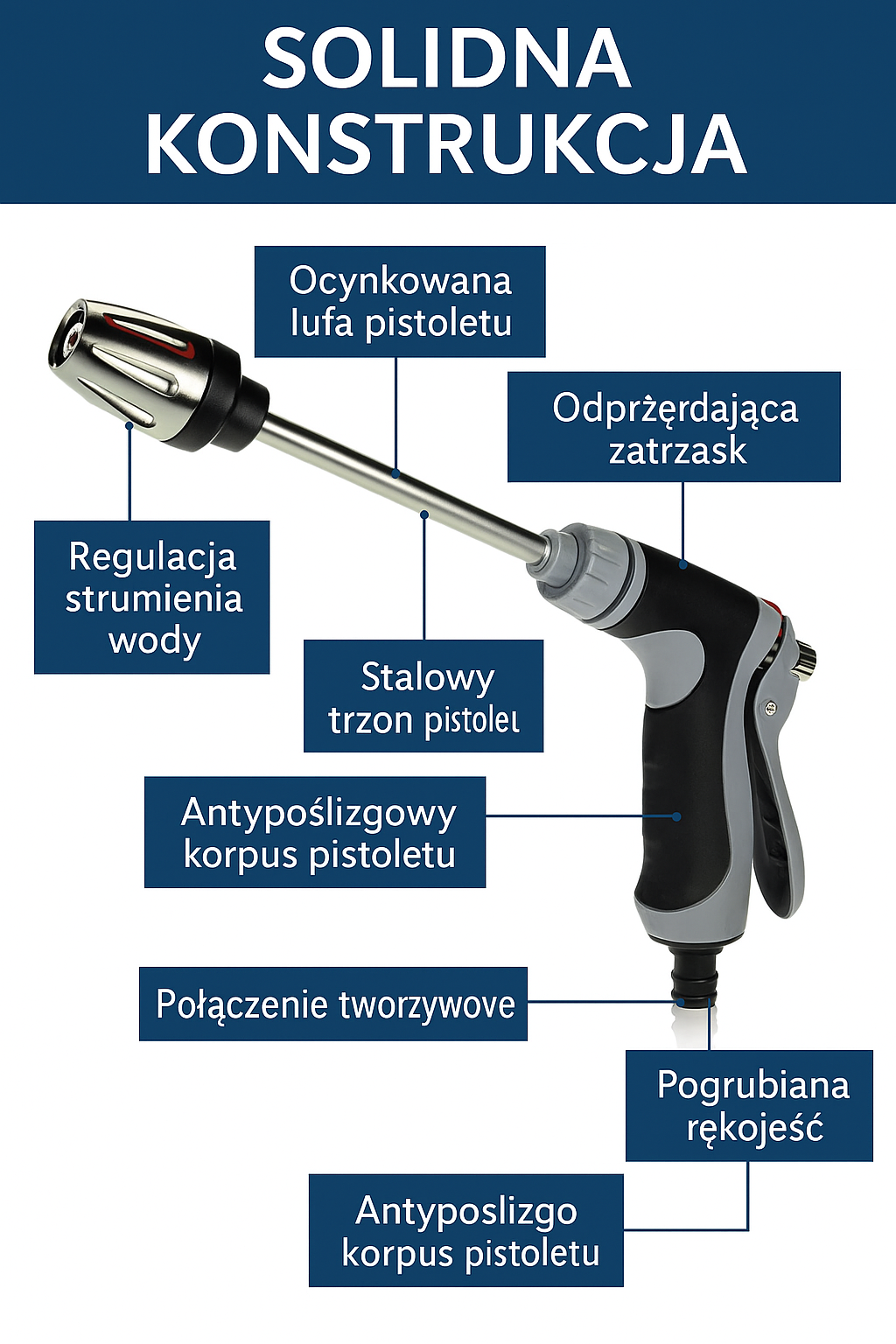 Pistolet do podlewania i mycia 37 cm – regulowany strumień, stal nierdzewna