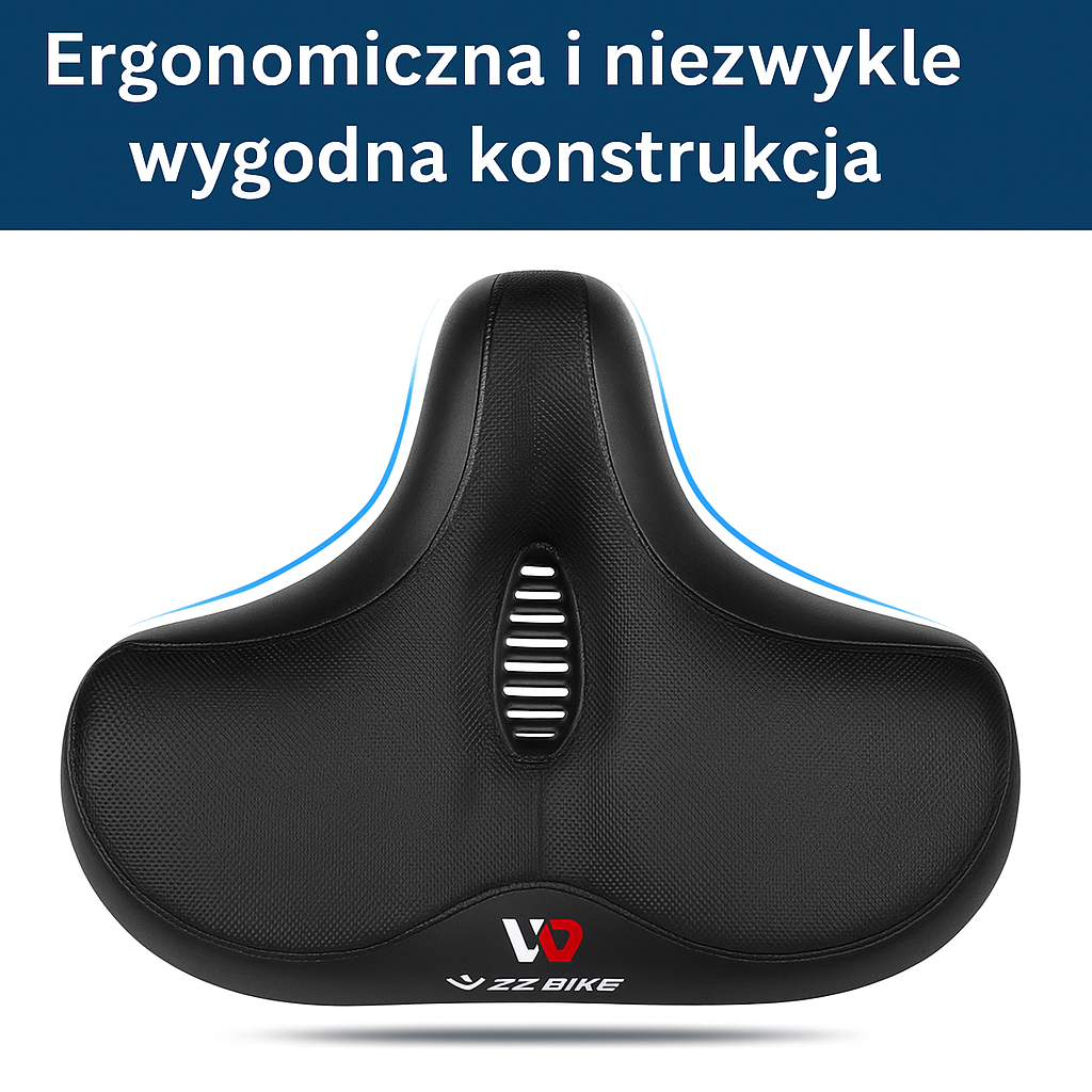 Szerokie siodło rowerowe z amortyzacją sprężynową i otworem wentylacyjnym