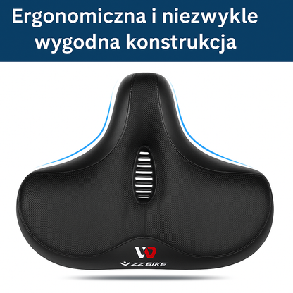 Szerokie siodło rowerowe z amortyzacją sprężynową i otworem wentylacyjnym