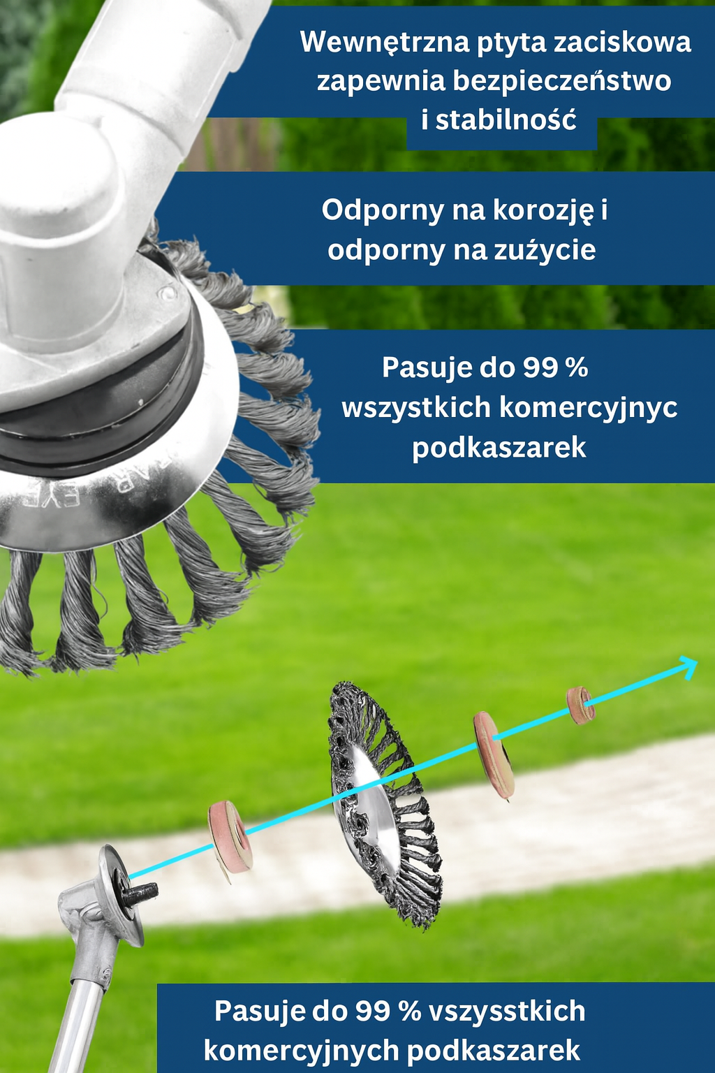 Głowica szczotkowa do podkaszarki – stalowa, odporna na zużycie, do usuwania chwastów i mchu