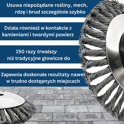 Głowica szczotkowa do podkaszarki – stalowa, odporna na zużycie, do usuwania chwastów i mchu