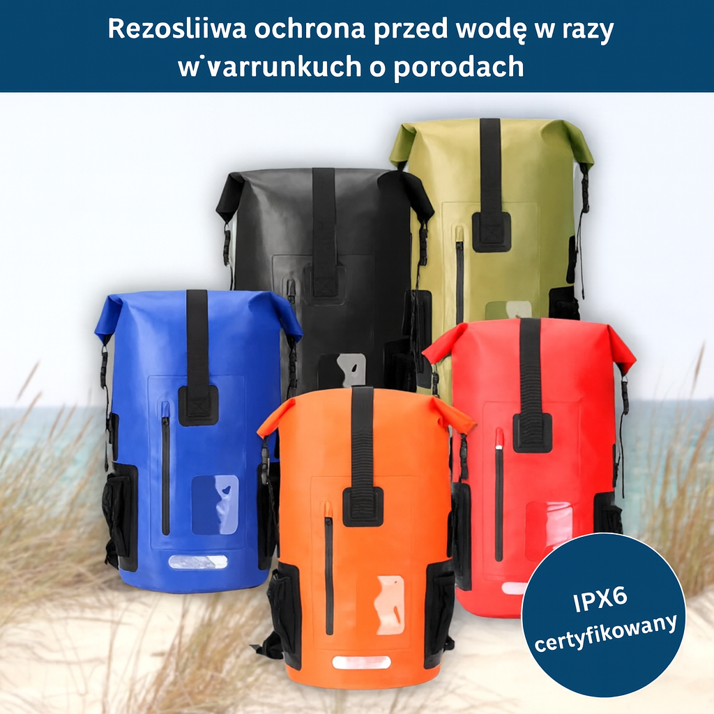 Wodoodporny plecak turystyczny 35L – rolowane zamknięcie, boczne kieszenie, idealny na kajaki, wyprawy, żagle