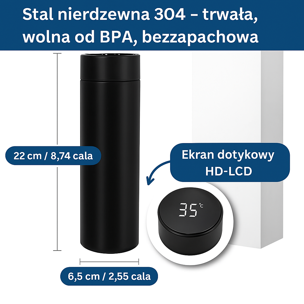 Termiczna butelka z wyświetlaczem LCD – stal nierdzewna, 500 ml, utrzymuje temperaturę do 24h