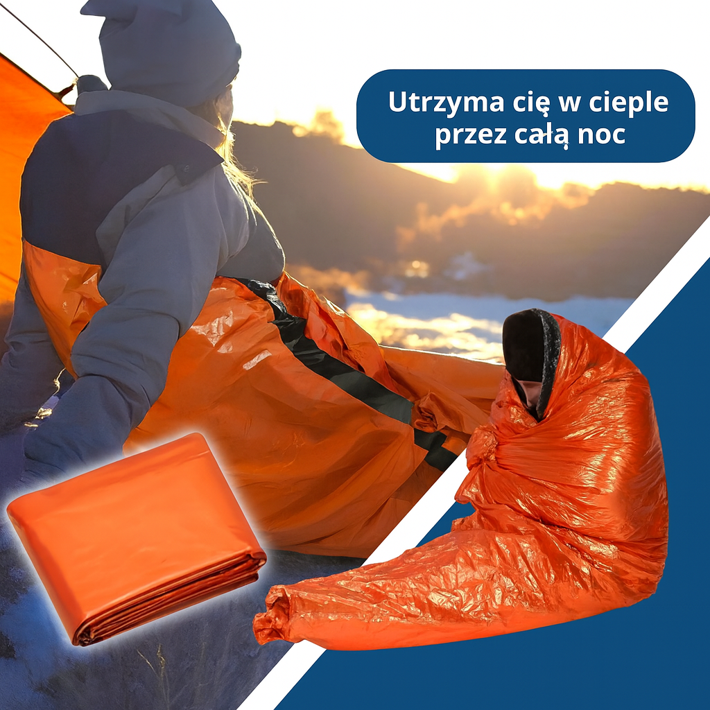 Śpiwór awaryjny termoizolacyjny, wodoodporny i wiatroszczelny z pokrowcem