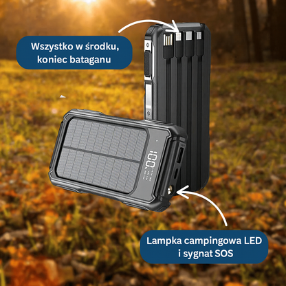 Powerbank solarny z latarką, wbudowanymi kablami i wyświetlaczem LED