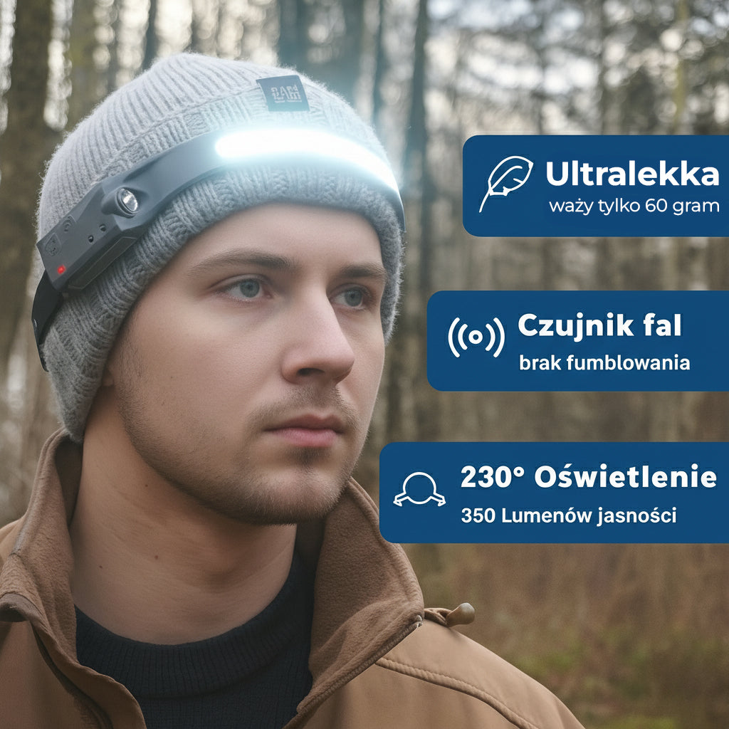 Latarka czołowa 230° z czujnikiem ruchu i trybem czerwonego światła