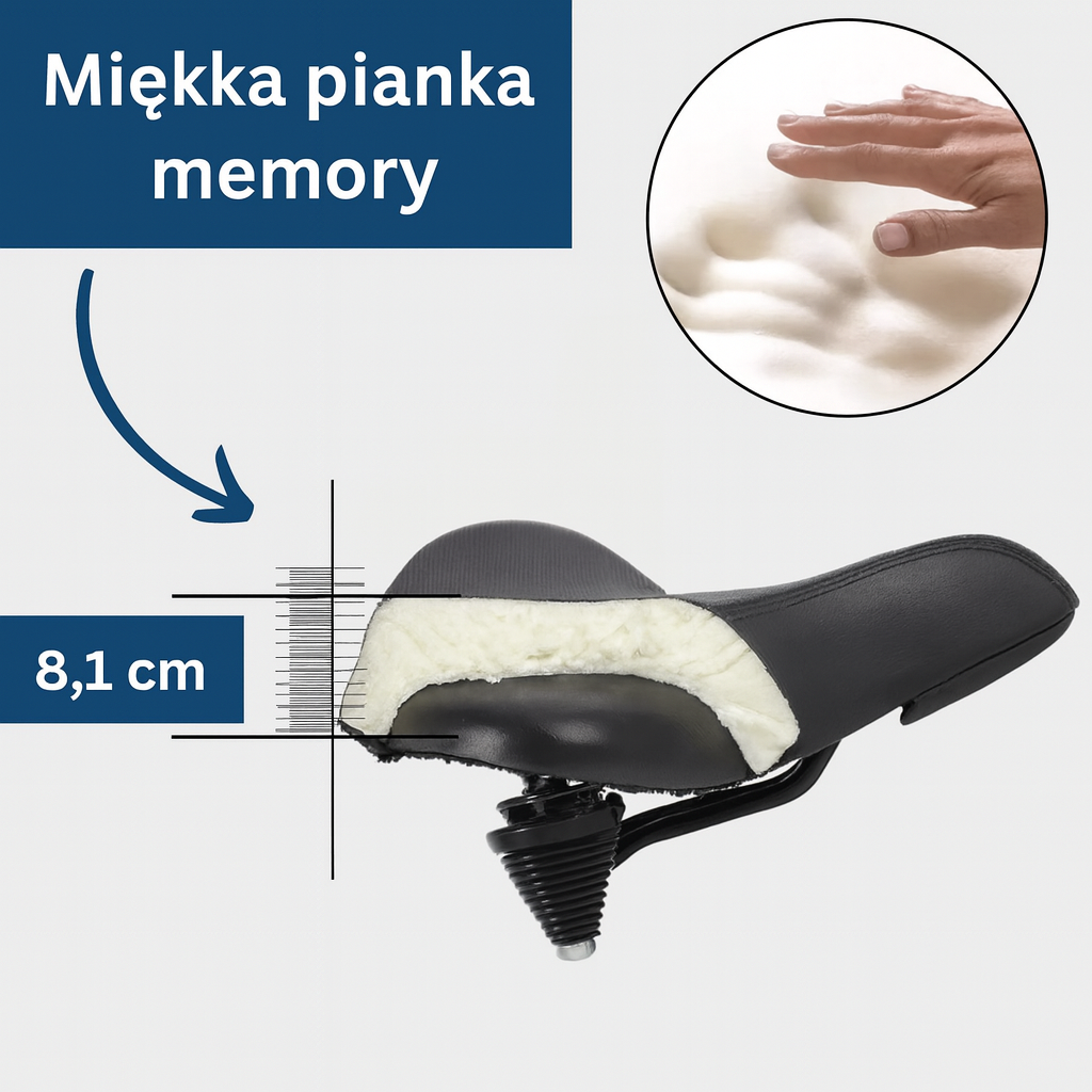 Szerokie siodło rowerowe z amortyzacją sprężynową i otworem wentylacyjnym