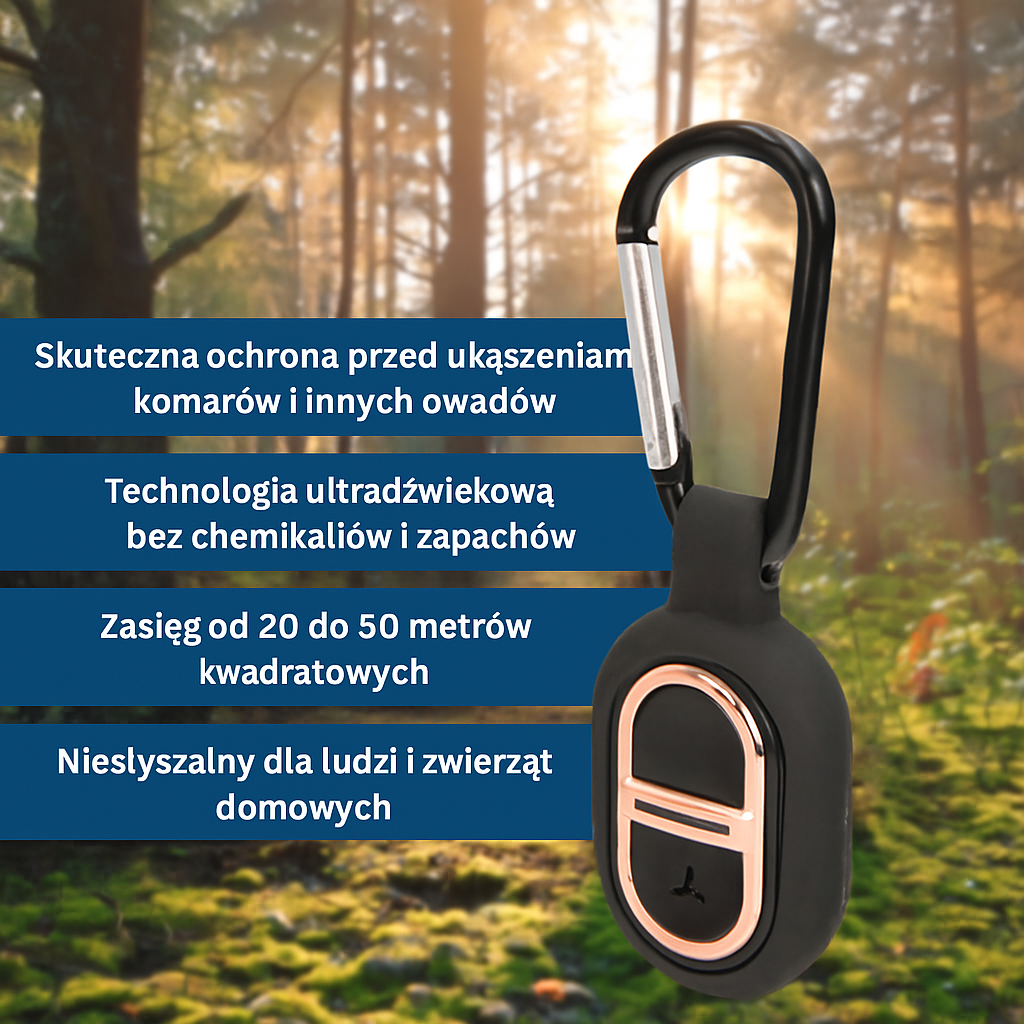 Ultradźwiękowy odstraszacz komarów z karabińczykiem – bez chemii i zapachu