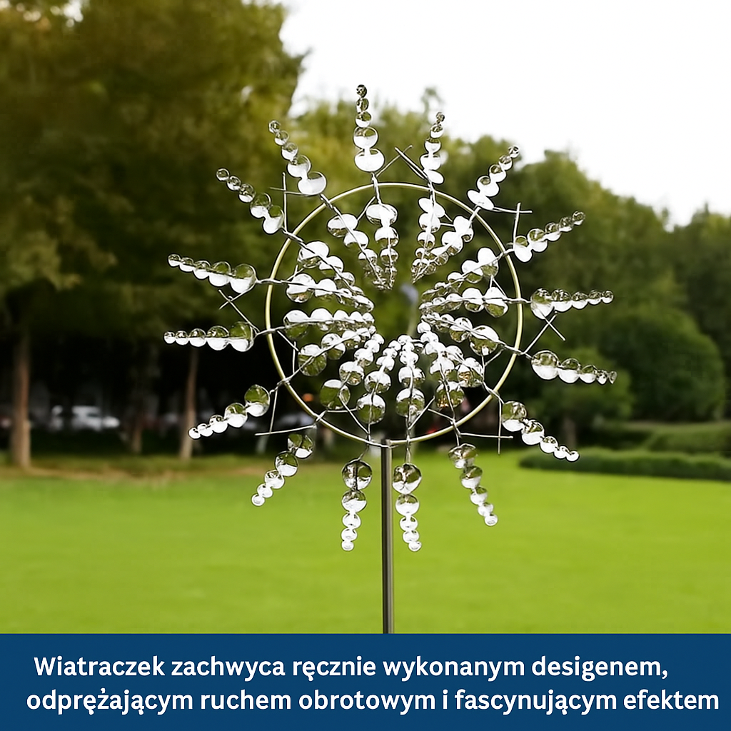 Metalowa ozdoba ogrodowa – obrotowy wiatrak 3D z efektem lustrzanym